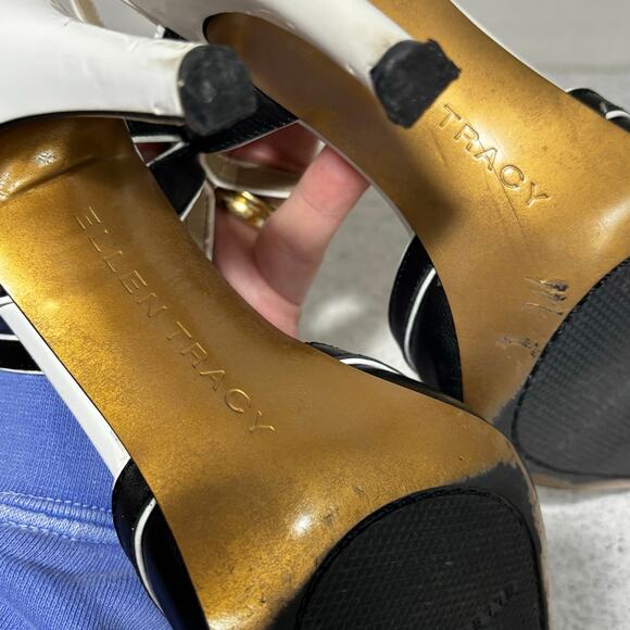 Ellen Tracy high heel strappy shoes black & white leather US 8M Boss Lady style - Picture 9 of 11